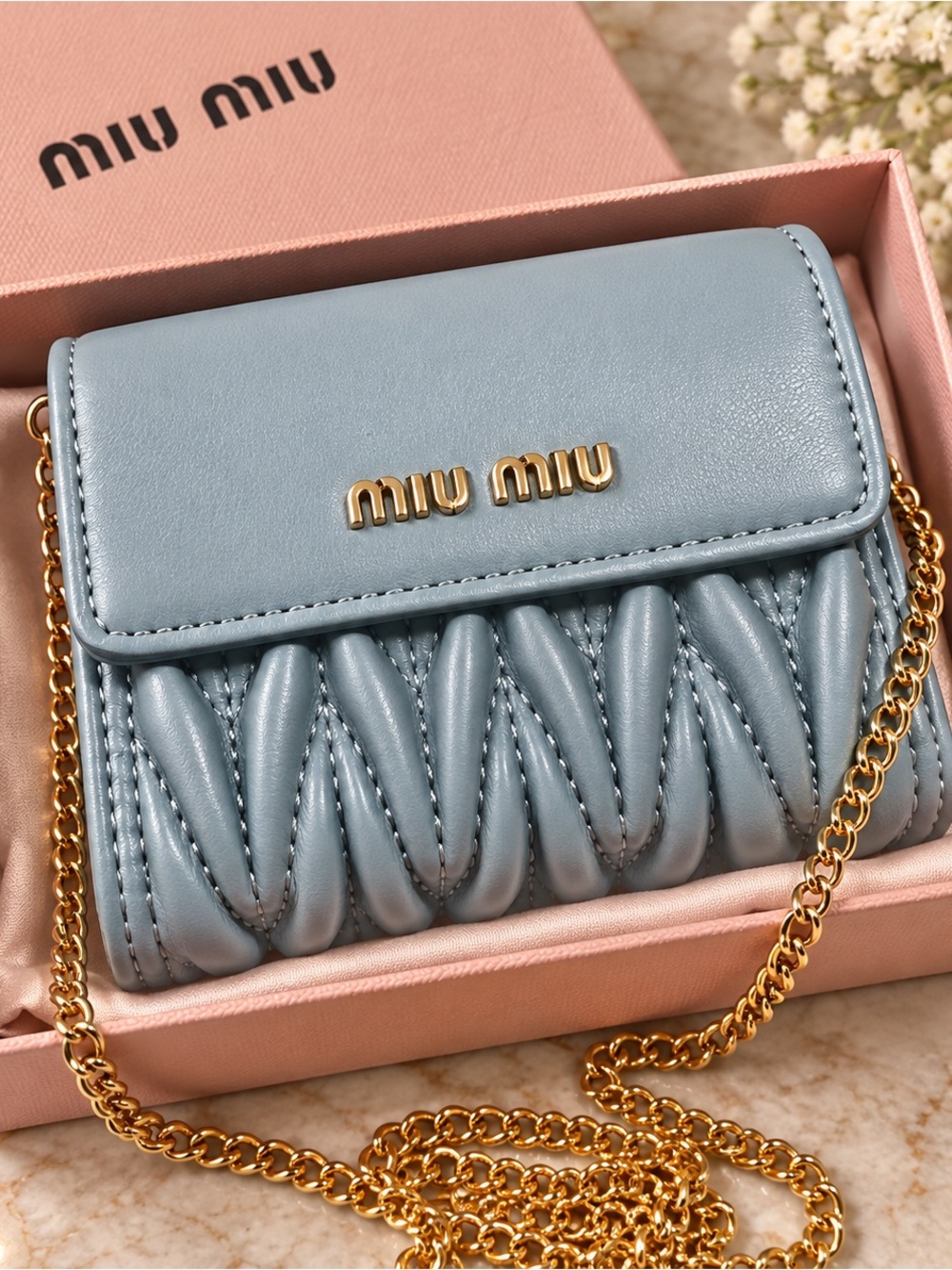 Miu Miu Powder Blue Quilted Leather Mini Chain Bag